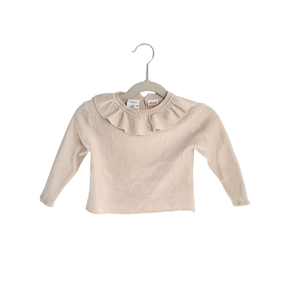 Zara Baby Girls Ribbed Ruffle Collar Knit Top Cream Beige 12-18 Months
